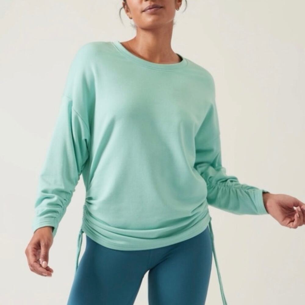 Athleta Lombard Ruched Side Tie Crewneck Sweatshirt Mint Reef Green Size XS